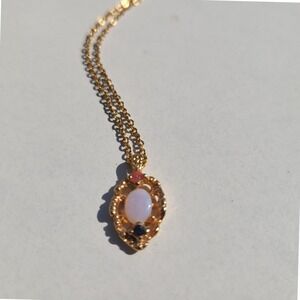 Vintage NOS Real Opal and Ruby Ornate Gold Tone Necklace Romantic